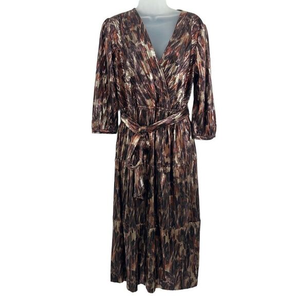 Johnny Was Jade Tina Wrap Midi Dress Medium Metallic Leopard Belt Party New